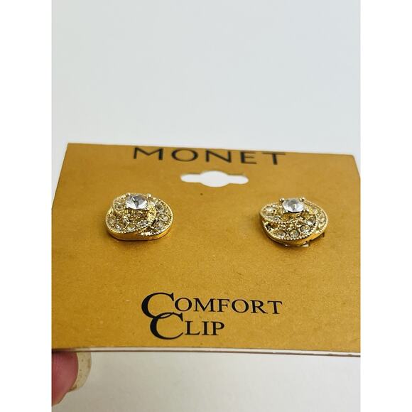Vintage New on Card Monet Clip On Earrings Gold Tone Swirl Rhinestone JCP Huggie - Picture 6 of 15
